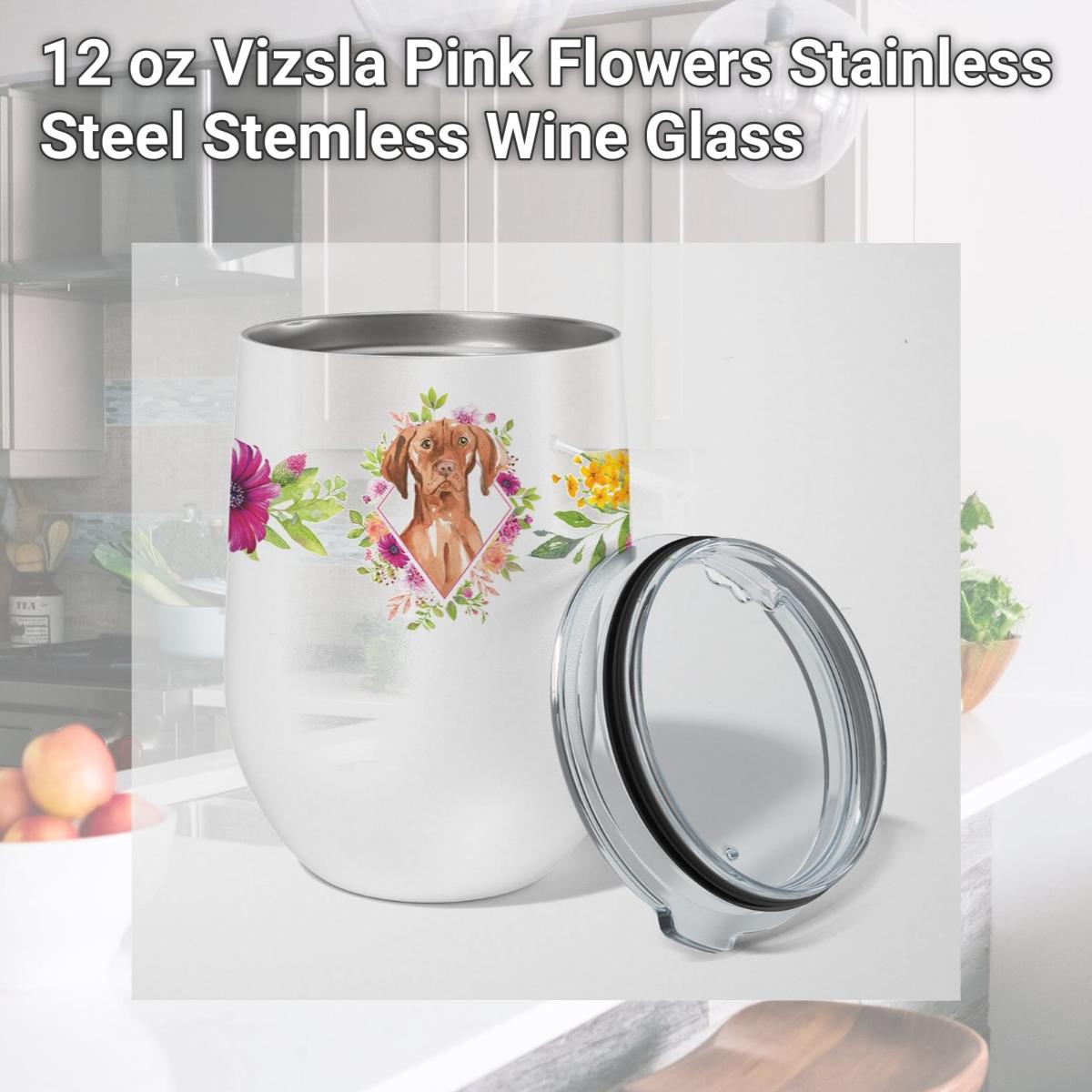 Picture of Carolines Treasures CK4232TBL12 12 oz Vizsla Pink Flowers Stainless Steel Stemless Wine Glass