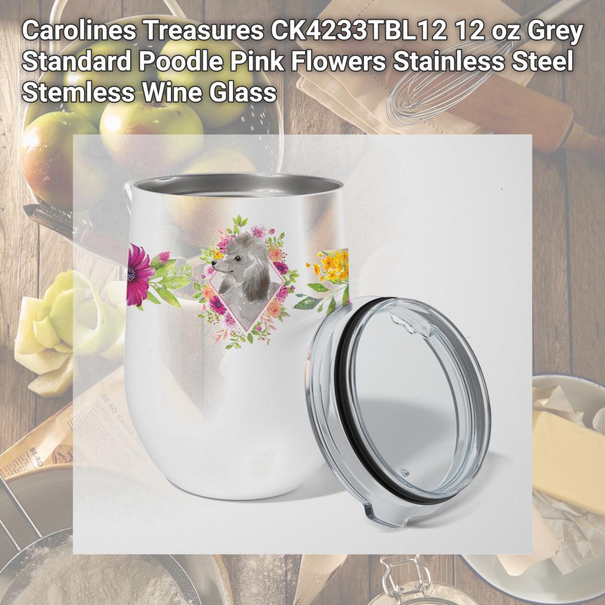 Picture of Carolines Treasures CK4233TBL12 12 oz Grey Standard Poodle Pink Flowers Stainless Steel Stemless Wine Glass