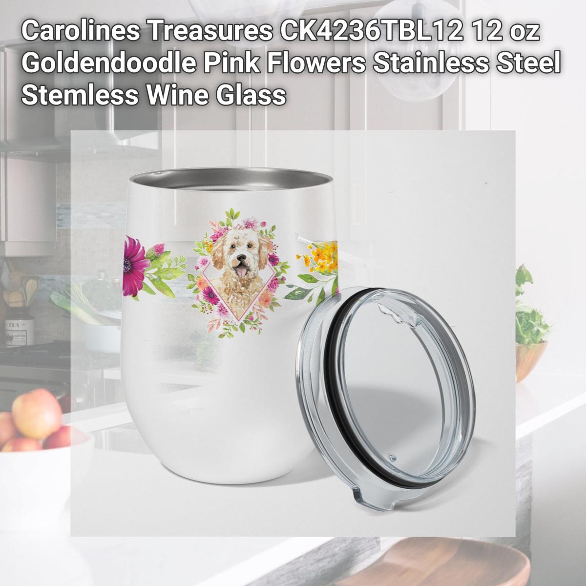 Picture of Carolines Treasures CK4236TBL12 12 oz Goldendoodle Pink Flowers Stainless Steel Stemless Wine Glass