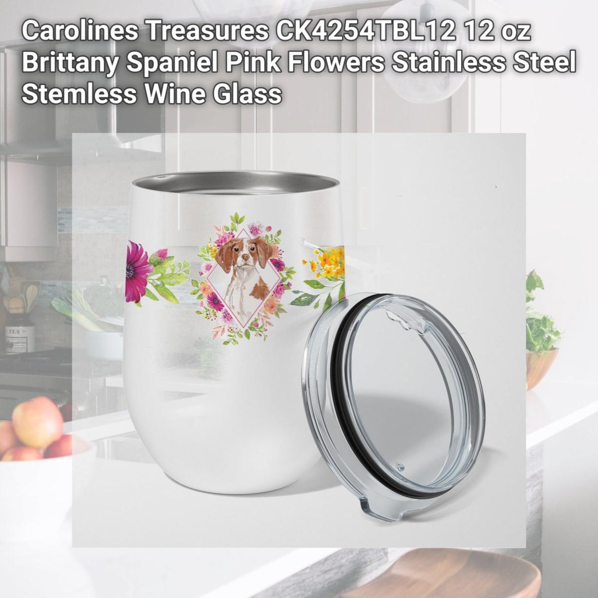 Picture of Carolines Treasures CK4254TBL12 12 oz Brittany Spaniel Pink Flowers Stainless Steel Stemless Wine Glass