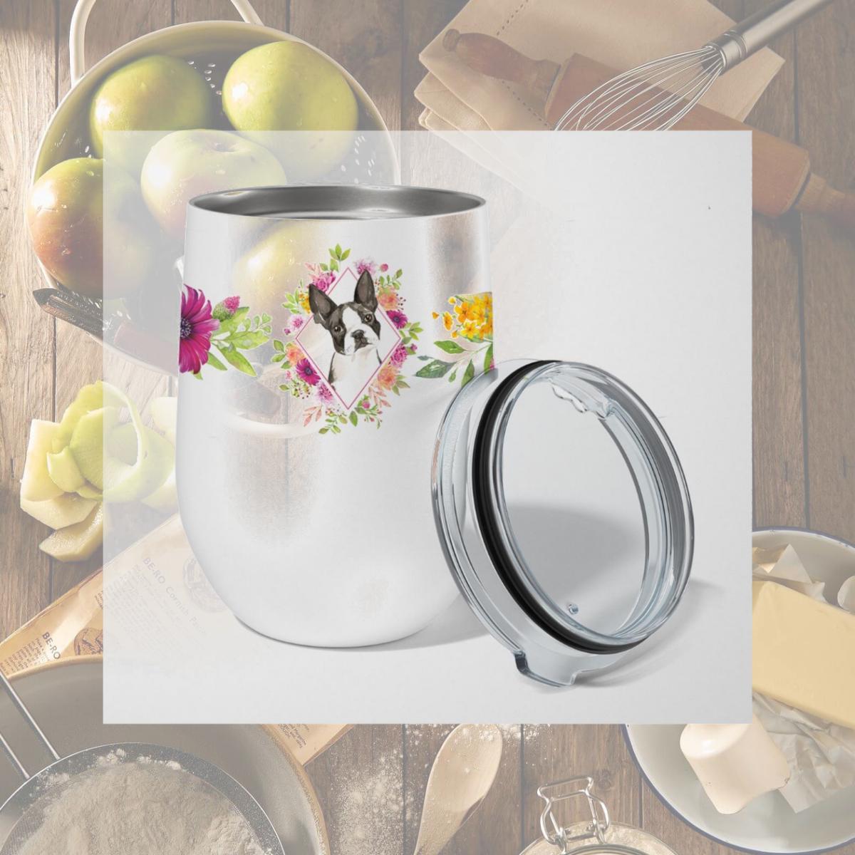 Picture of Carolines Treasures CK4257TBL12 12 oz Boston Terrier Pink Flowers Stainless Steel Stemless Wine Glass