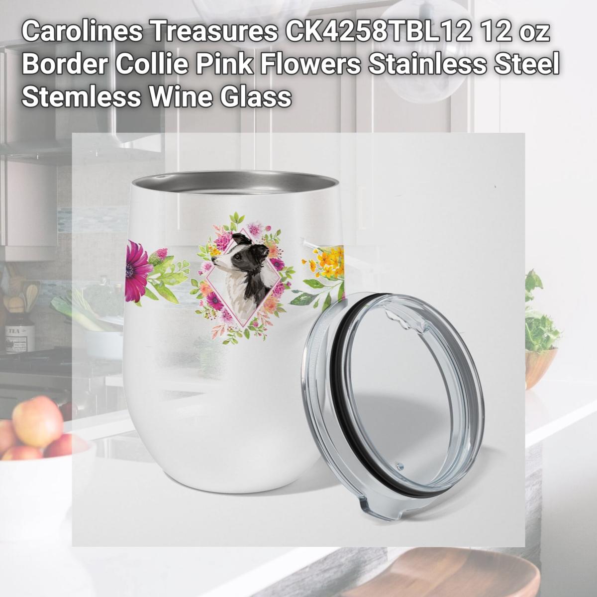 Picture of Carolines Treasures CK4258TBL12 12 oz Border Collie Pink Flowers Stainless Steel Stemless Wine Glass