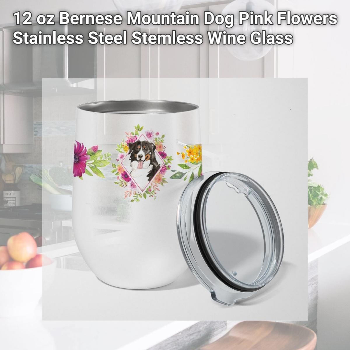 Picture of Carolines Treasures CK4264TBL12 12 oz Bernese Mountain Dog Pink Flowers Stainless Steel Stemless Wine Glass