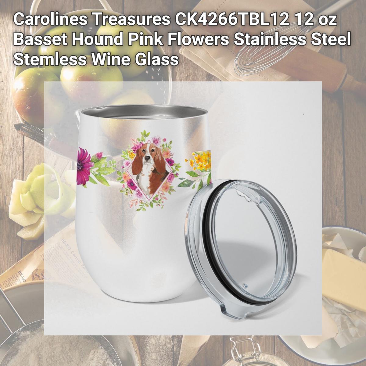Picture of Carolines Treasures CK4266TBL12 12 oz Basset Hound Pink Flowers Stainless Steel Stemless Wine Glass