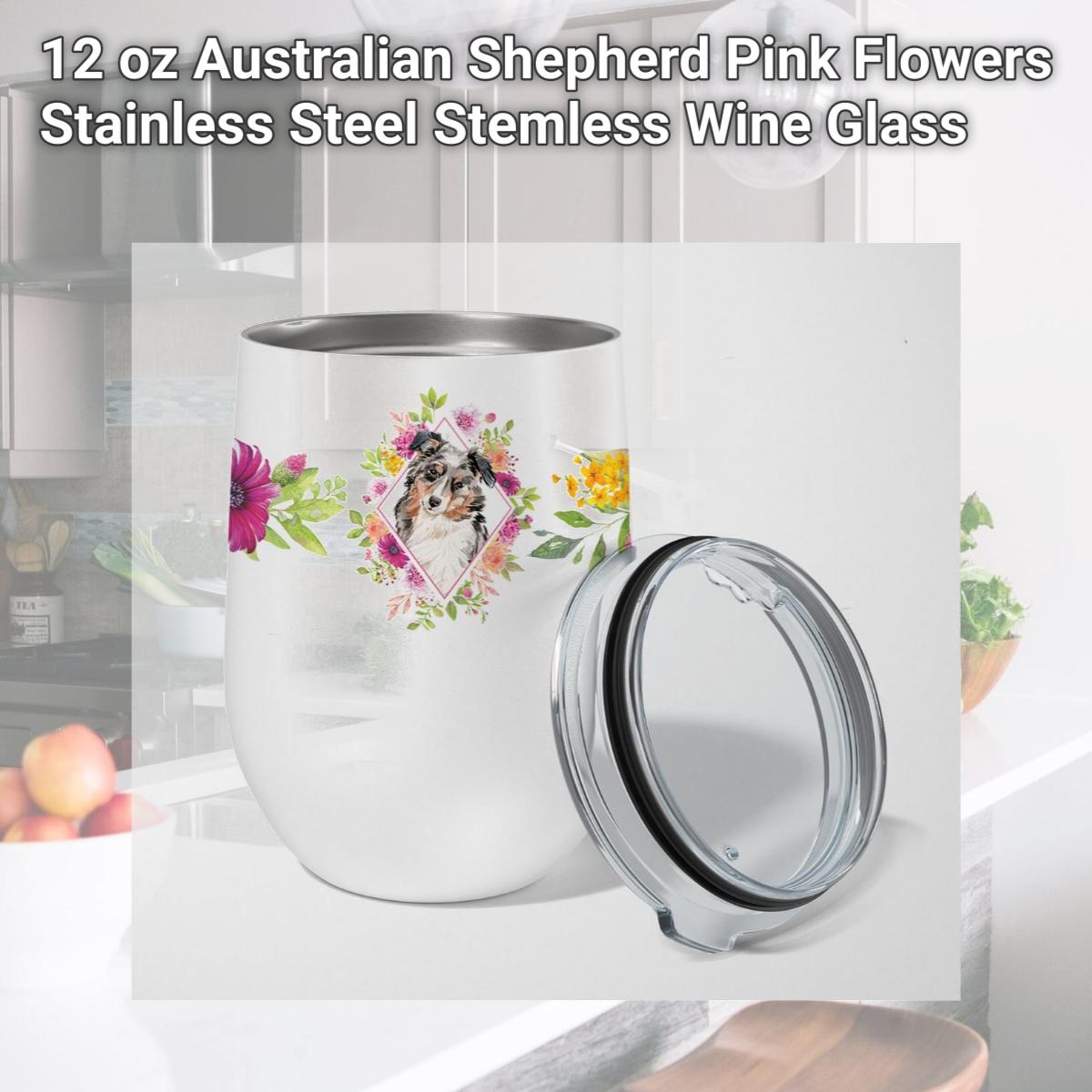 Picture of Carolines Treasures CK4267TBL12 12 oz Australian Shepherd Pink Flowers Stainless Steel Stemless Wine Glass
