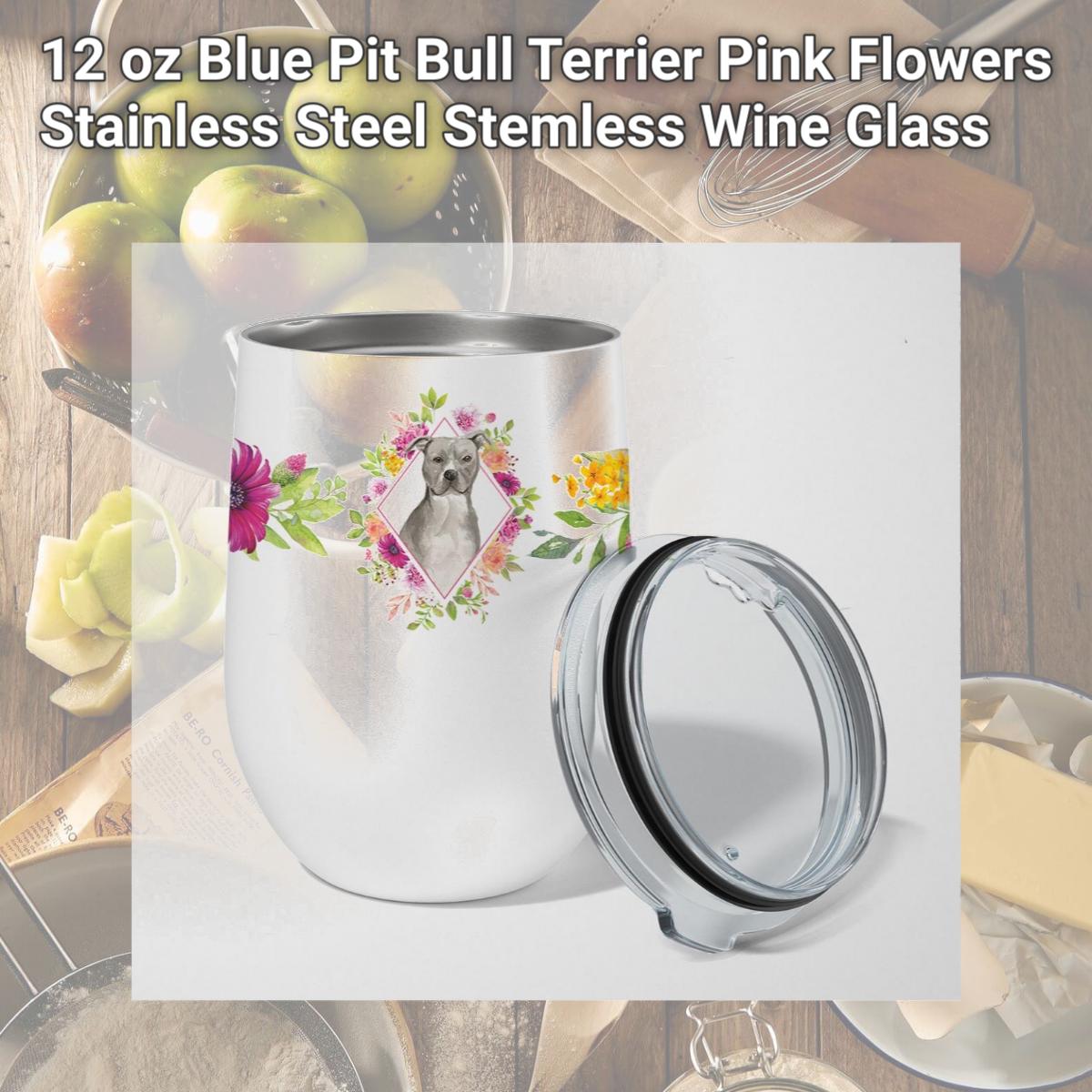 Picture of Carolines Treasures CK4269TBL12 12 oz Blue Pit Bull Terrier Pink Flowers Stainless Steel Stemless Wine Glass