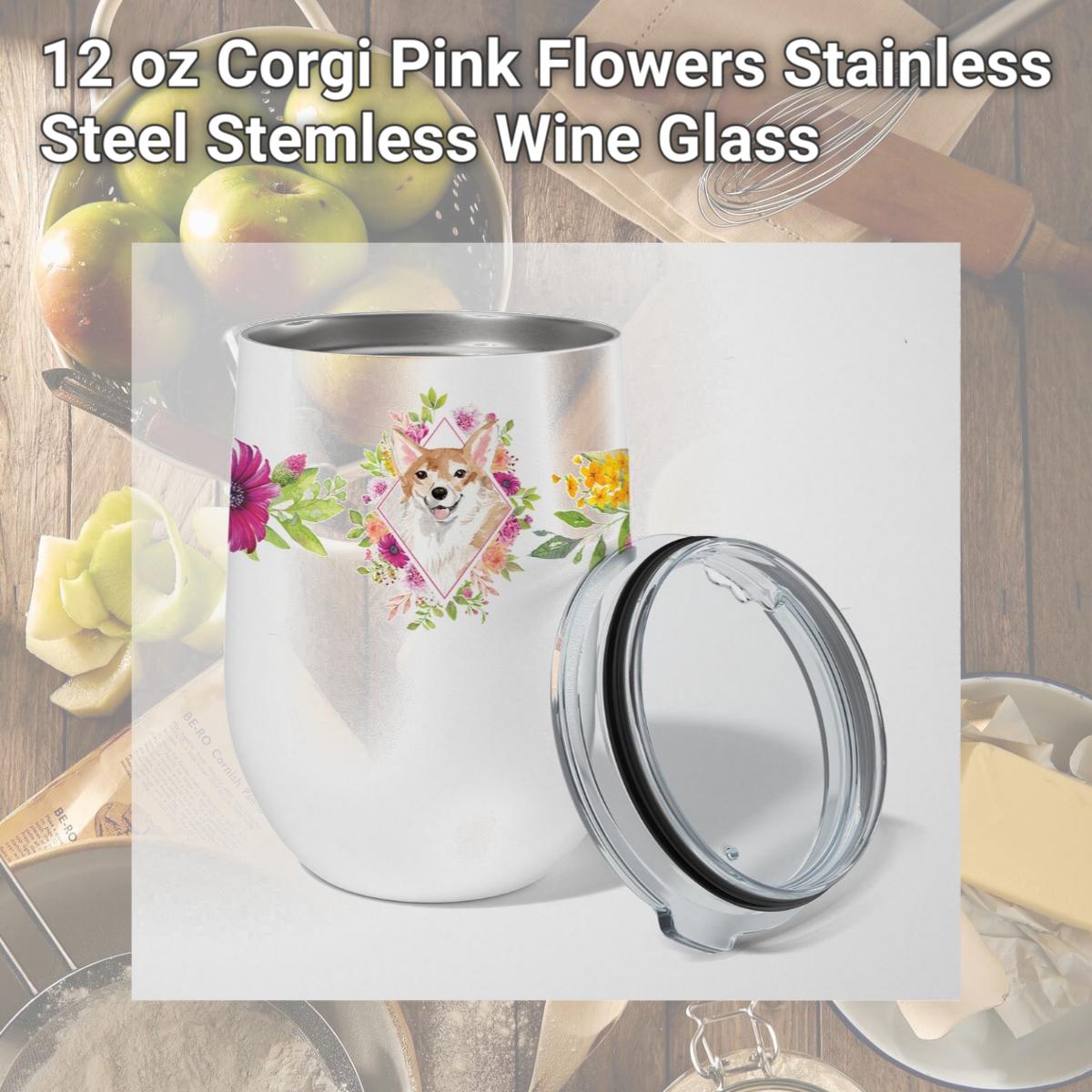 Picture of Carolines Treasures CK4243TBL12 12 oz Corgi Pink Flowers Stainless Steel Stemless Wine Glass