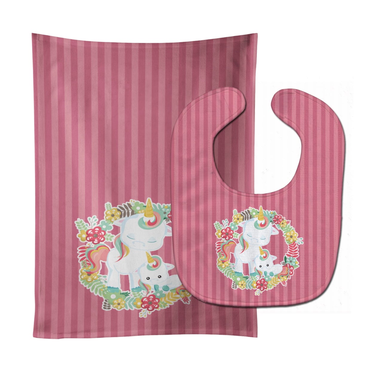 BB8772STBU Unicorn & Flowers Baby Bib & Burp Cloth