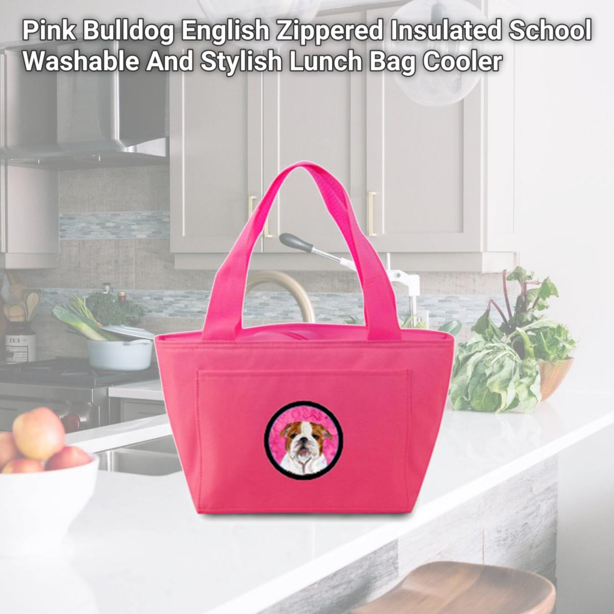 Picture of Carolines Treasures SS4760-PK-8808 Pink Bulldog English Zippered Insulated School Washable And Stylish Lunch Bag Cooler
