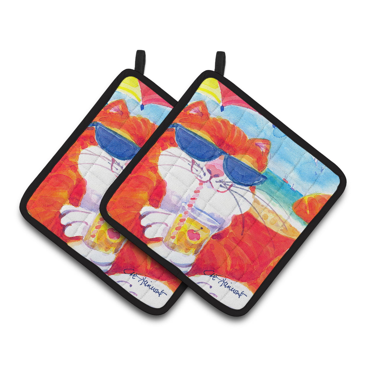6118pthd Cool Cat With Sunglasses At The Beach Pair Of Pot Holders
