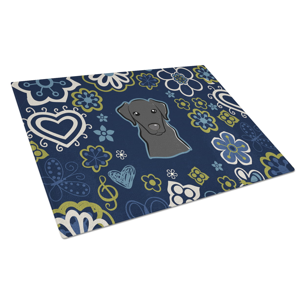 UPC 747432996111 product image for Blue Flowers Black Labrador Glass Cutting Board - Large | upcitemdb.com