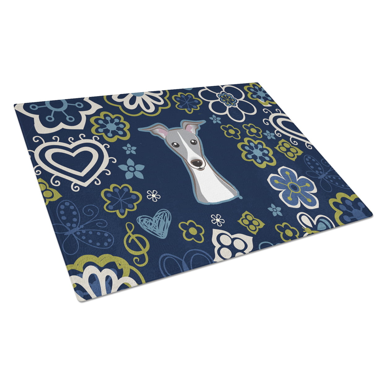 UPC 747432959819 product image for Blue Flowers Italian Greyhound Glass Cutting Board - Large | upcitemdb.com
