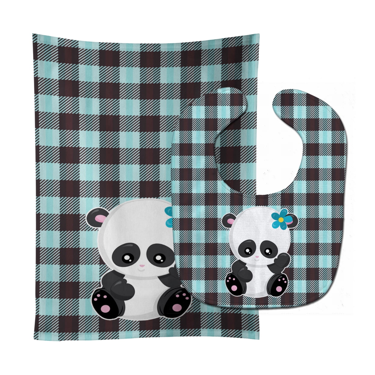 Bb6800stbu Panda On Plaid Baby Bib & Burp Cloth