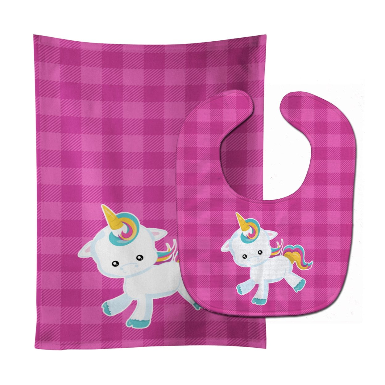 Bb6807stbu Pink Plaid Unicorn Baby Bib & Burp Cloth