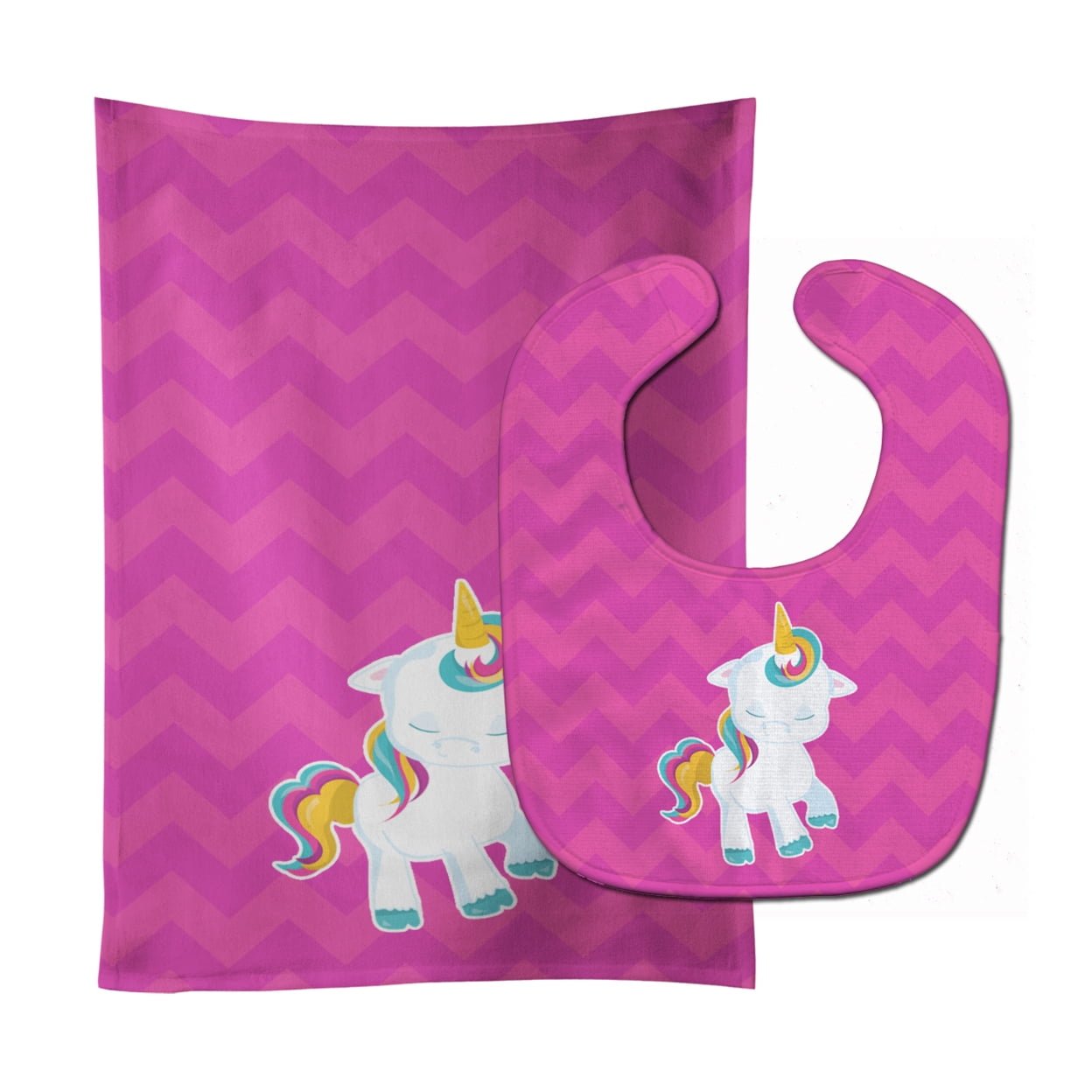 Bb6809stbu Pink Chevron Unicorn Baby Bib & Burp Cloth