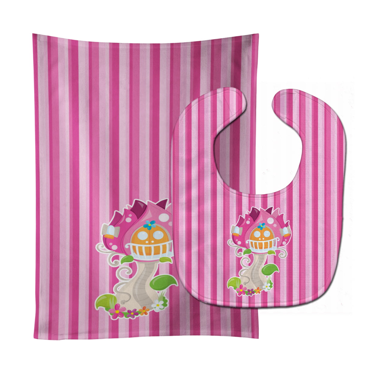 Bb6907stbu Fairy House Pink Stripes Baby Bib & Burp Cloth