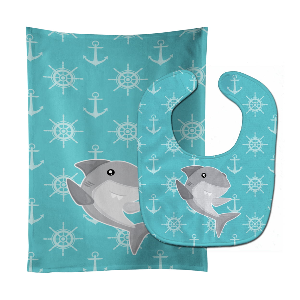 Bb6940stbu Shark On Blue Nautical Baby Bib & Burp Cloth