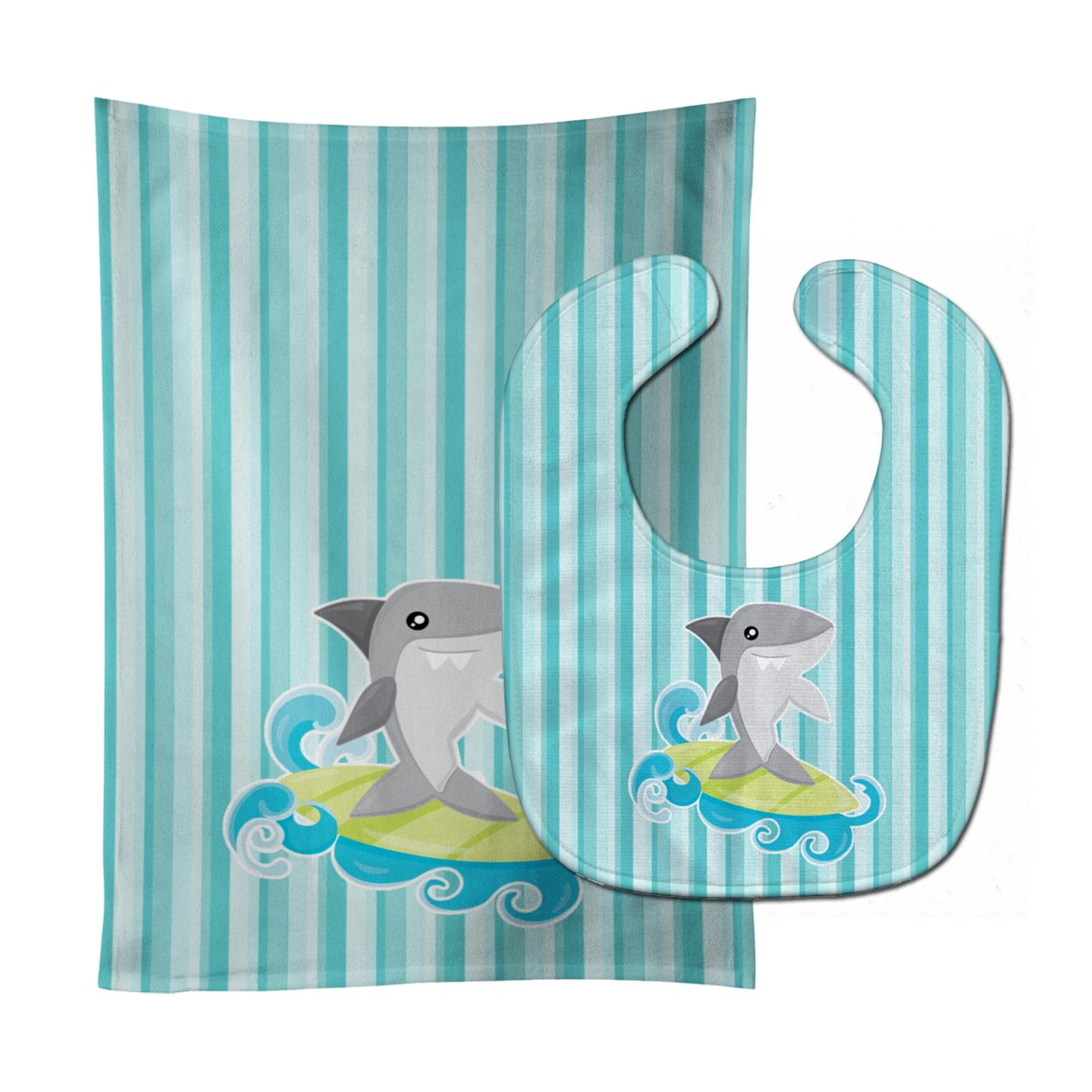 Bb6942stbu Surfin Shark On Stripes Baby Bib & Burp Cloth