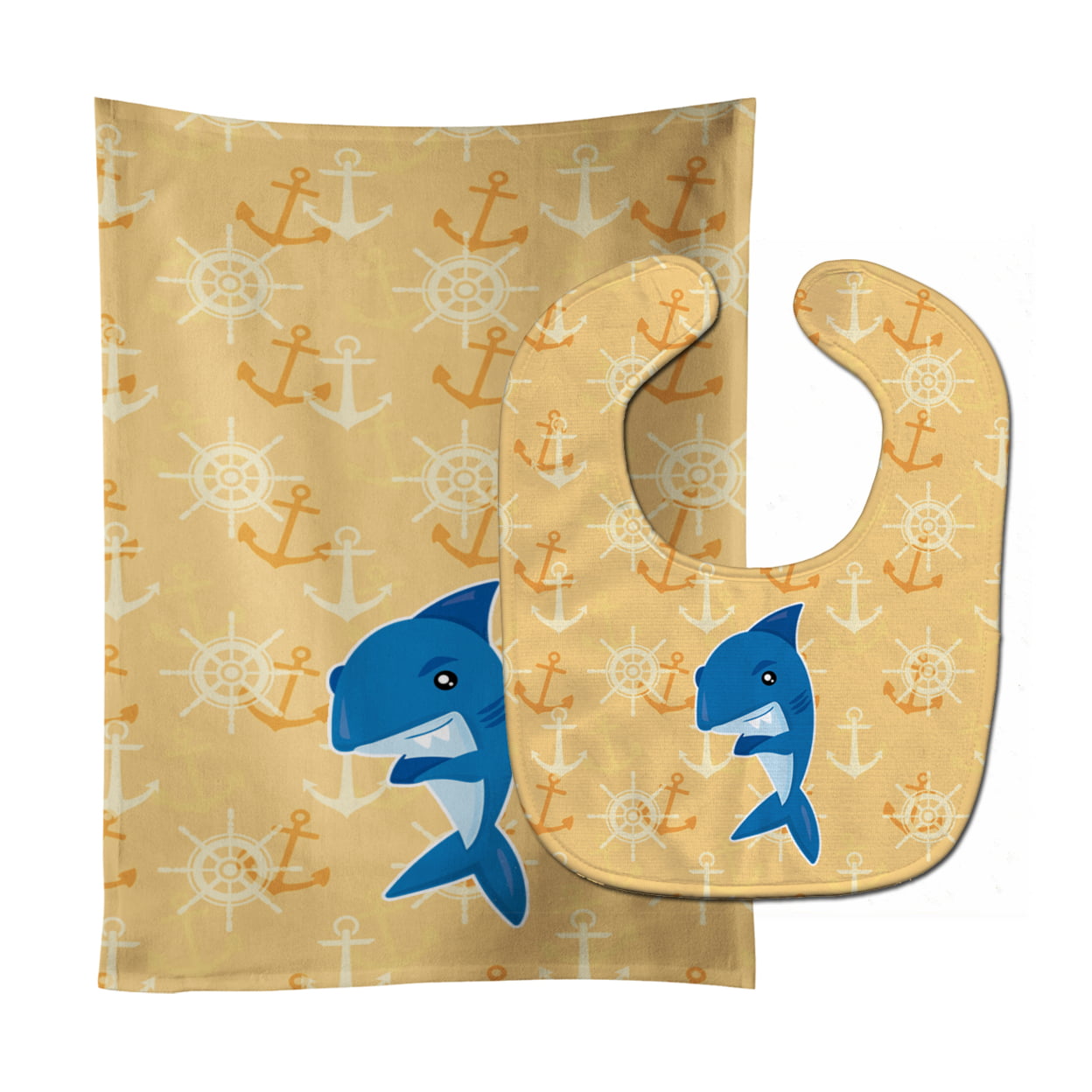 BB6946STBU Shark on Beige Nautical Baby Bib & Burp Cloth