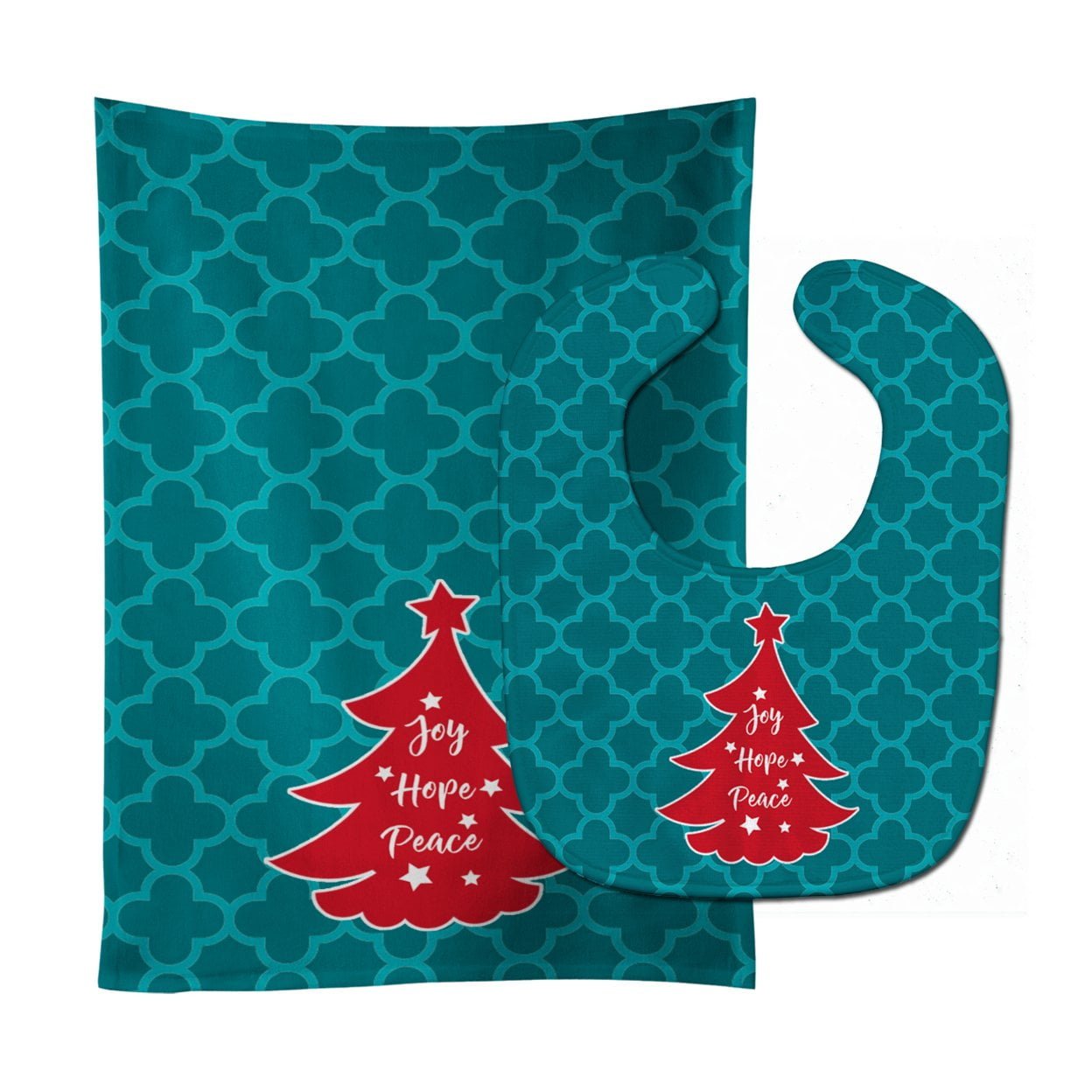 Bb6970stbu Christmas Tree Teal Red Baby Bib & Burp Cloth