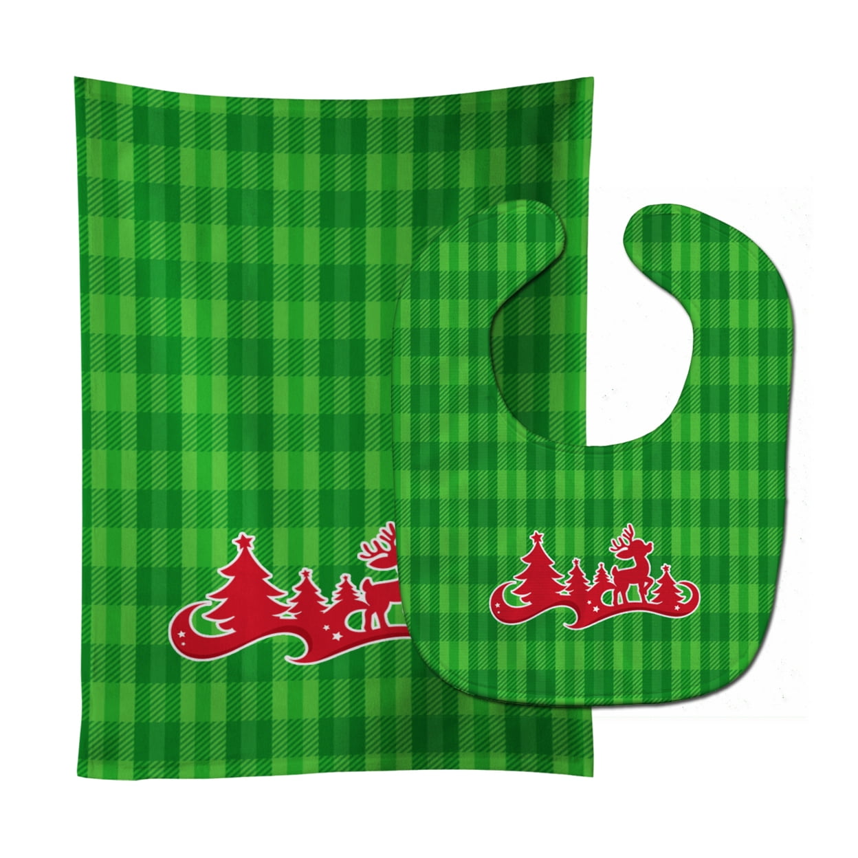 Bb6973stbu Christmas Tree Reindeer Green Baby Bib & Burp Cloth