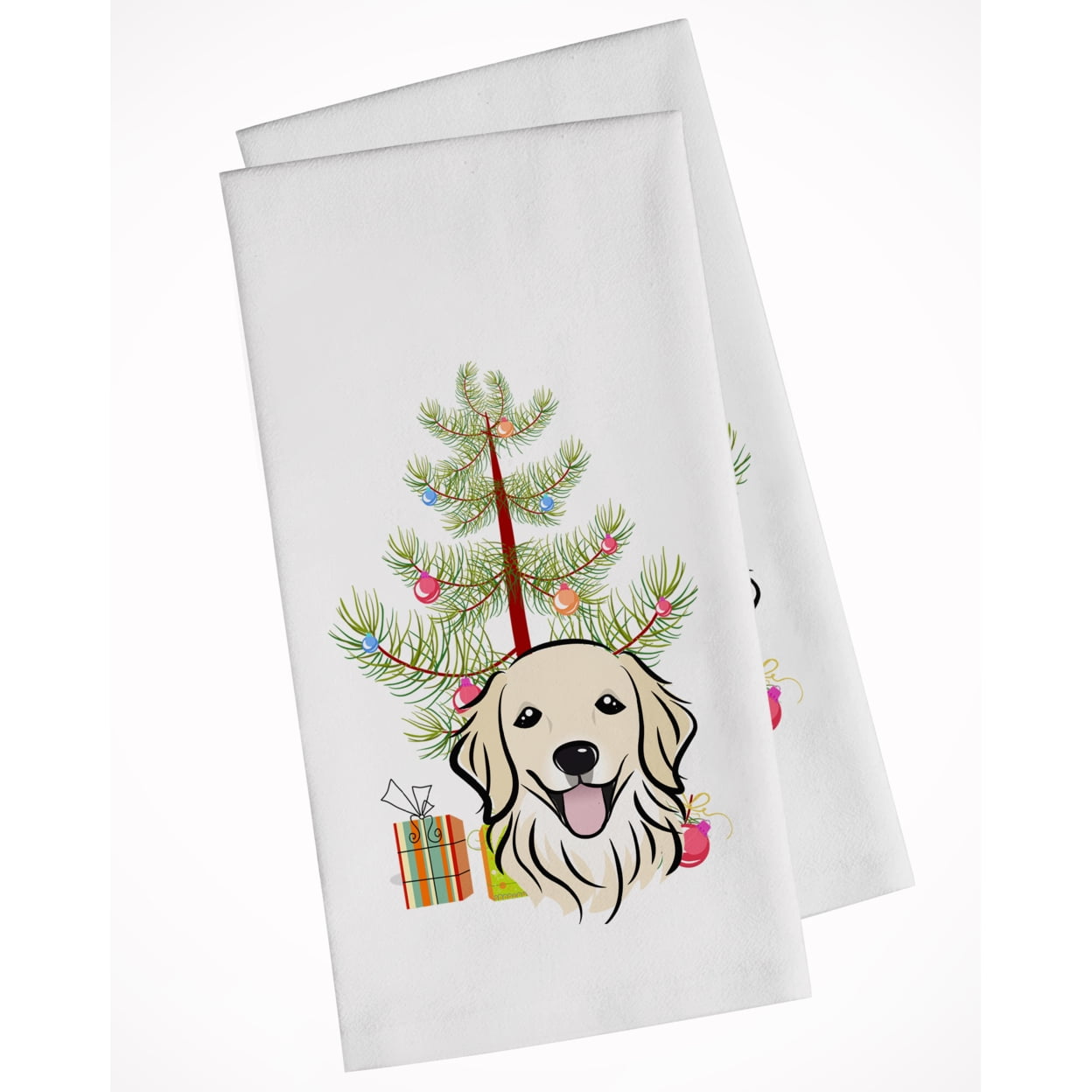 Bb1577wtkt Christmas Tree & Golden Retriever White Kitchen Towel - Set Of 2