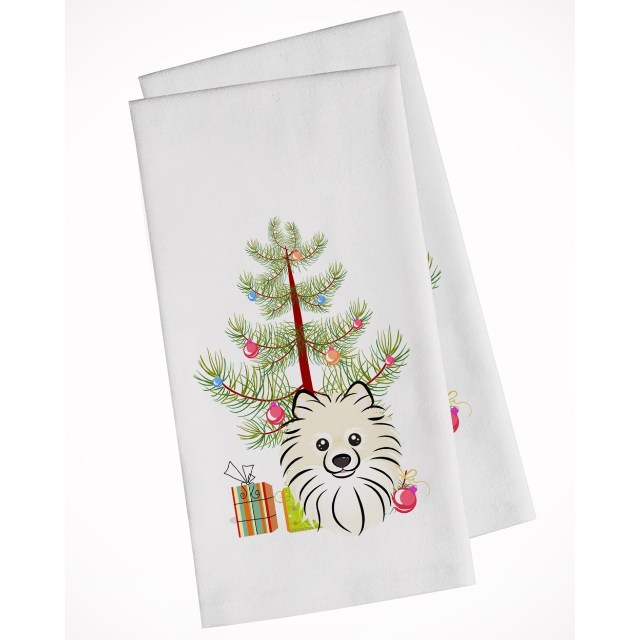 Bb1579wtkt Christmas Tree & Pomeranian White Kitchen Towel - Set Of 2