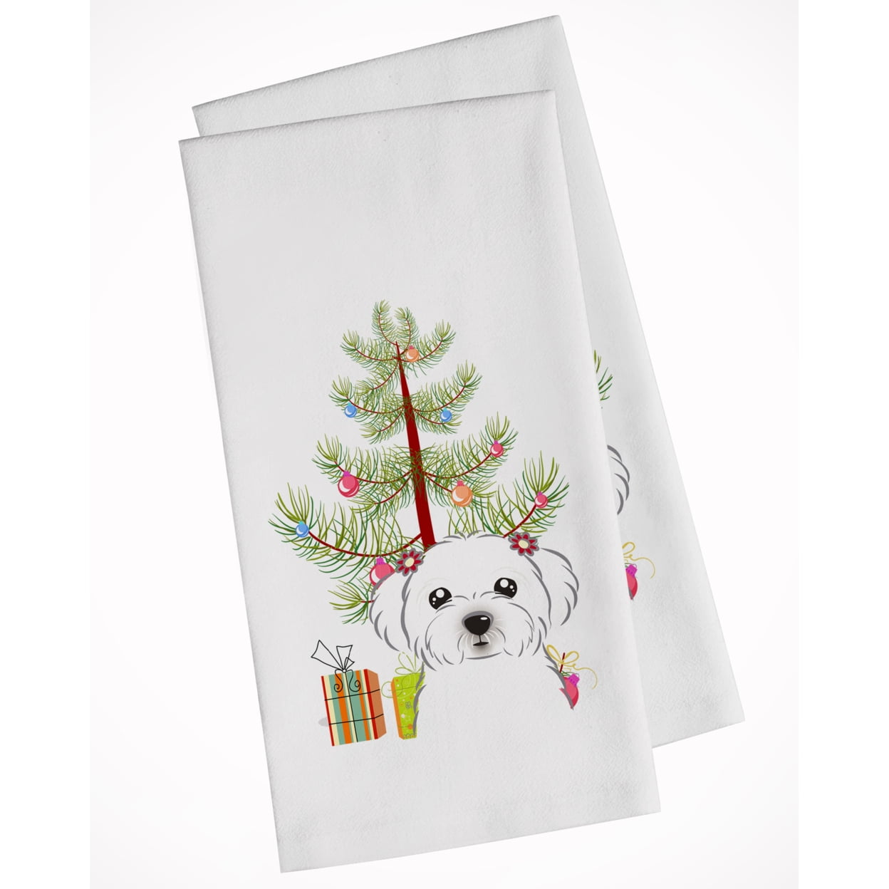 Bb1580wtkt Christmas Tree & Maltese White Kitchen Towel - Set Of 2