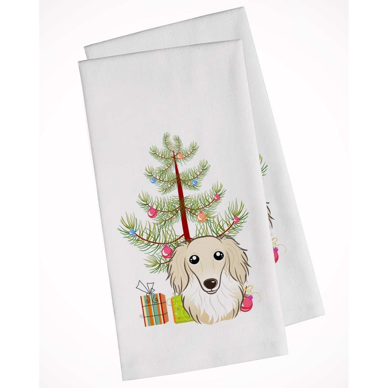Bb1584wtkt Christmas Tree & Longhair Creme Dachshund White Kitchen Towel - Set Of 2