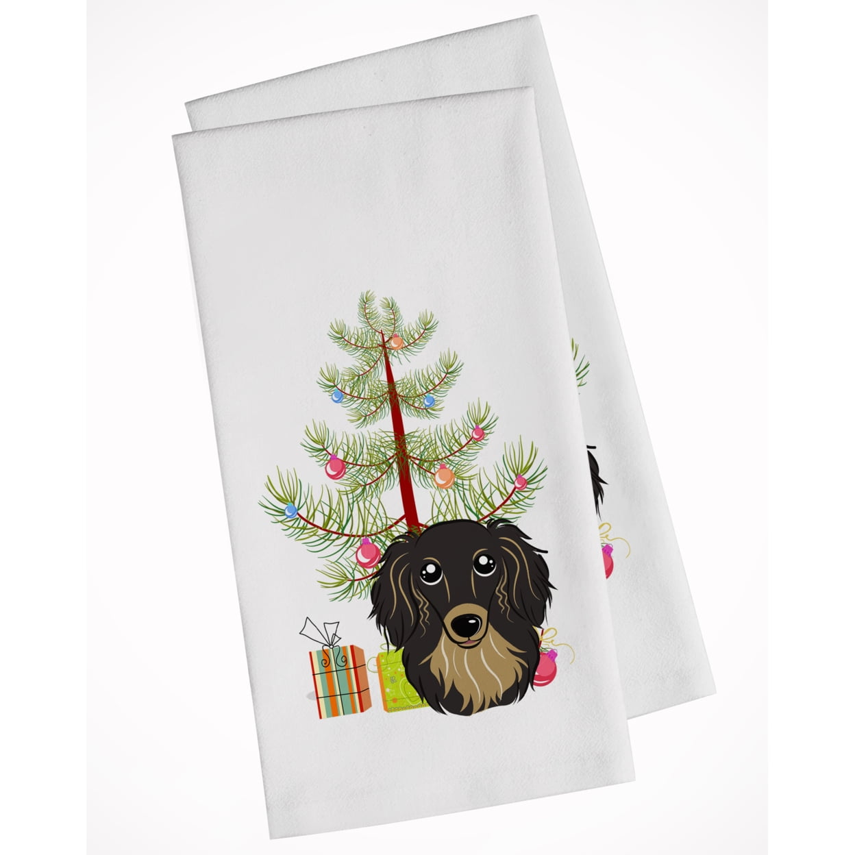Bb1585wtkt Christmas Tree & Longhair Black & Tan Dachshund White Kitchen Towel - Set Of 2