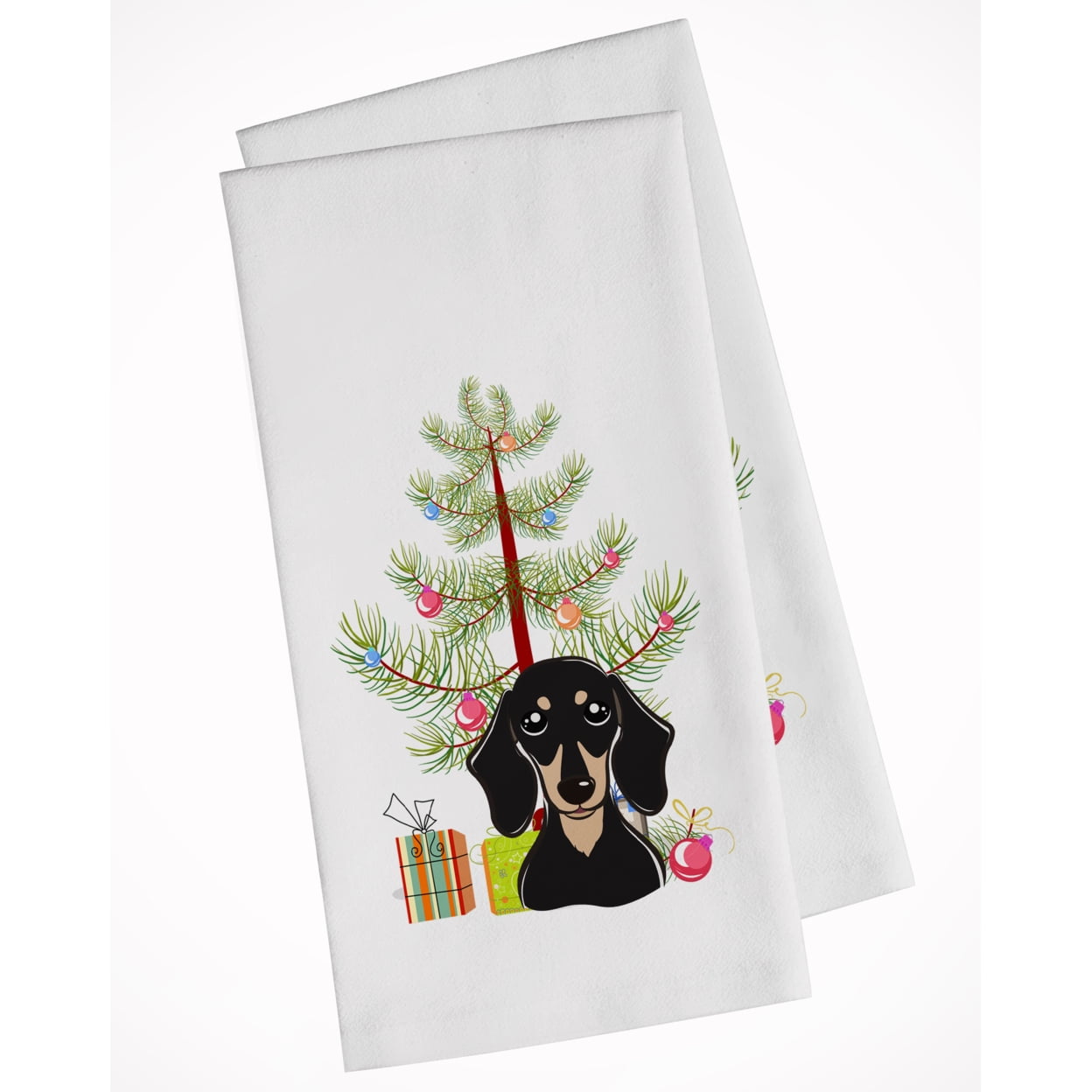 Bb1587wtkt Christmas Tree & Smooth Black & Tan Dachshund White Kitchen Towel - Set Of 2