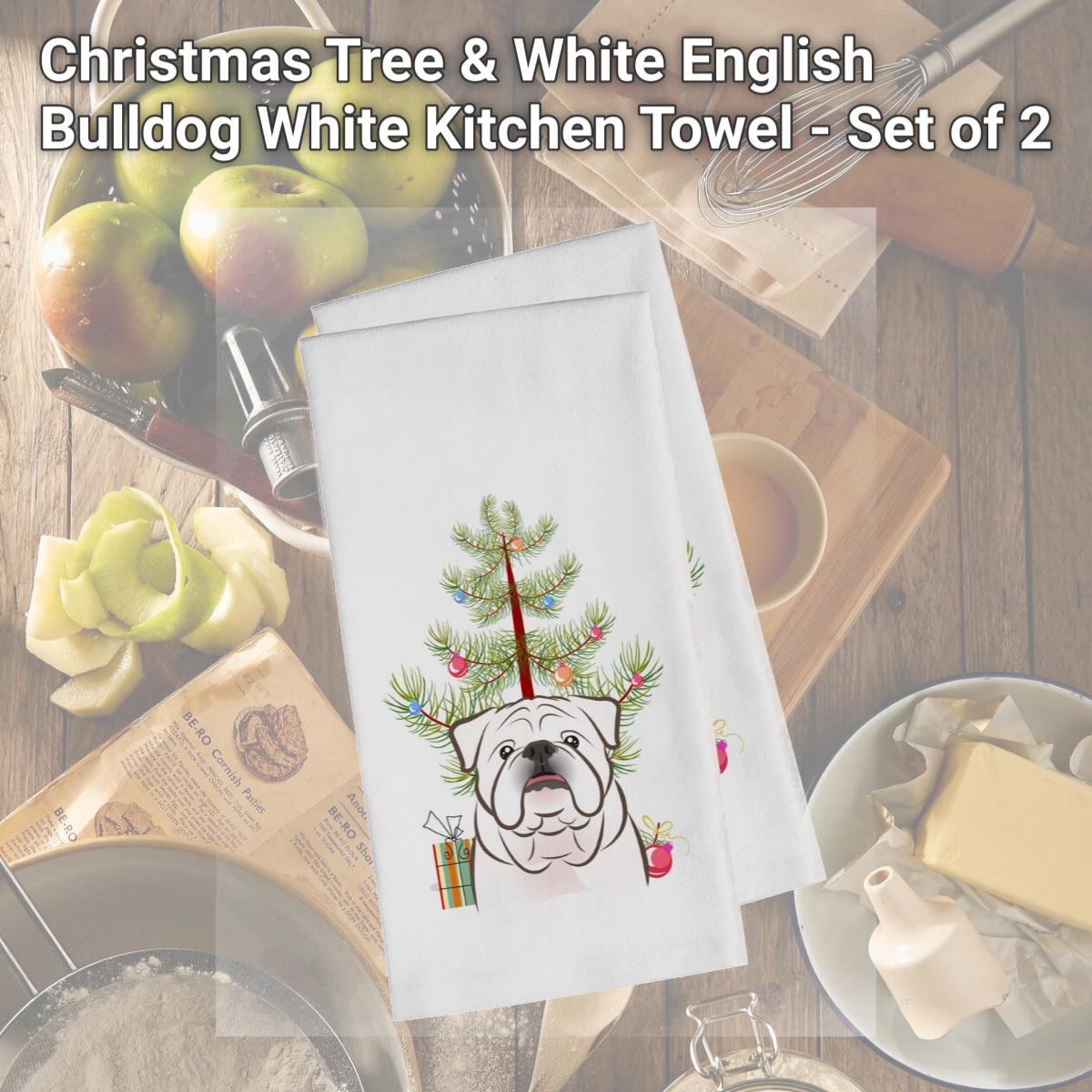Picture of Carolines Treasures BB1592WTKT Christmas Tree & White English Bulldog White Kitchen Towel - Set of 2