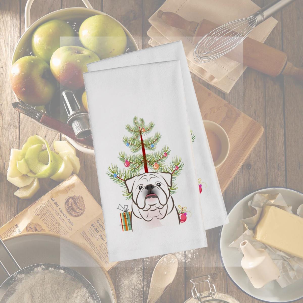 Picture of Carolines Treasures BB1592WTKT Christmas Tree & White English Bulldog White Kitchen Towel - Set of 2