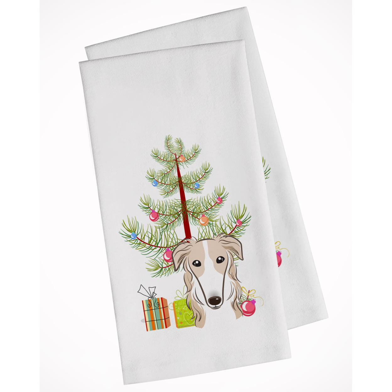 Bb1600wtkt Christmas Tree & Borzoi White Kitchen Towel - Set Of 2