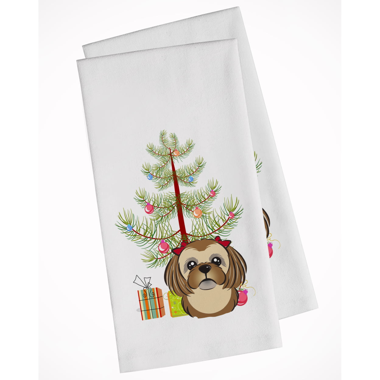 Bb1621wtkt Christmas Tree & Chocolate Brown Shih Tzu White Kitchen Towel - Set Of 2