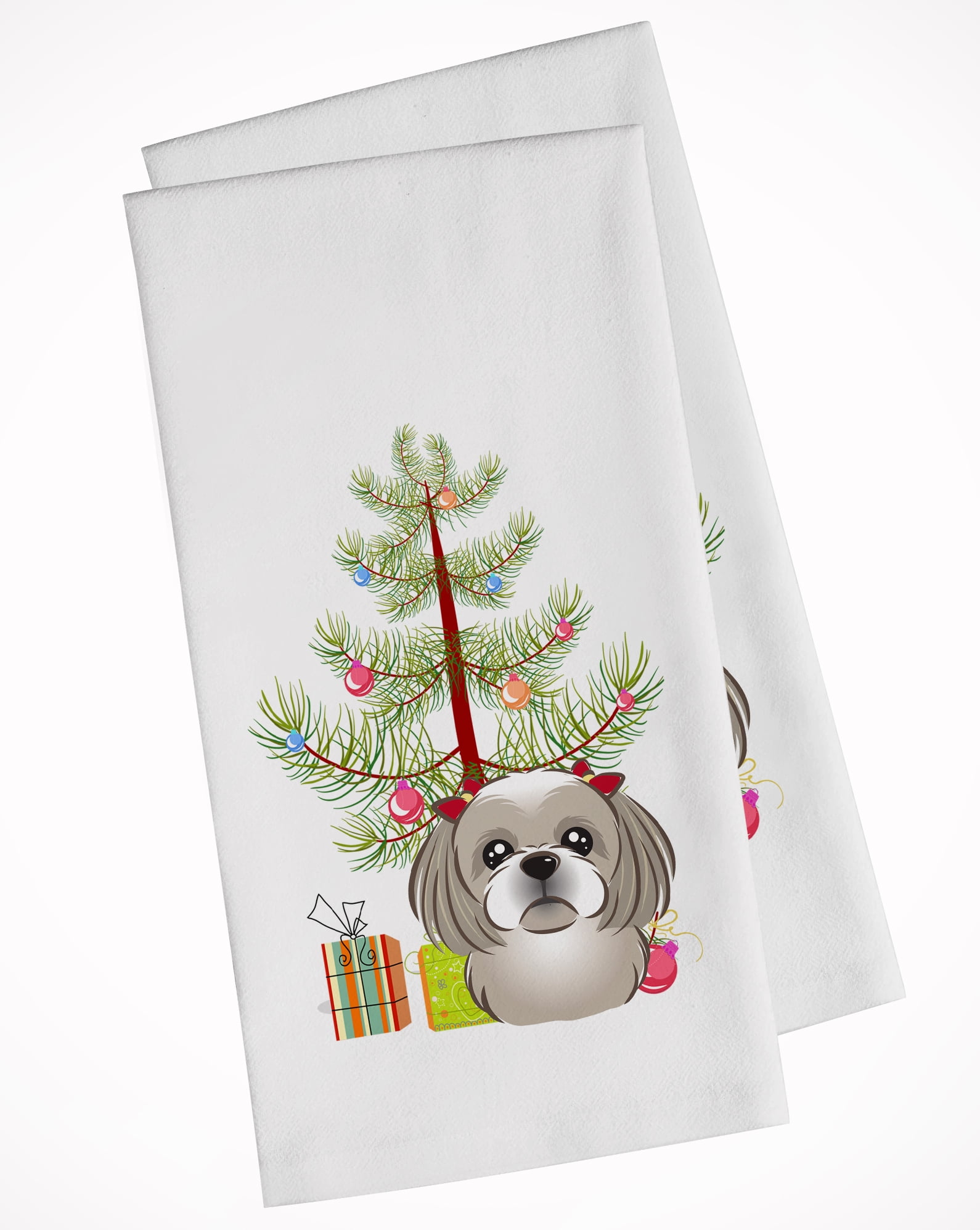 Bb1622wtkt Christmas Tree & Gray Silver Shih Tzu White Kitchen Towel - Set Of 2