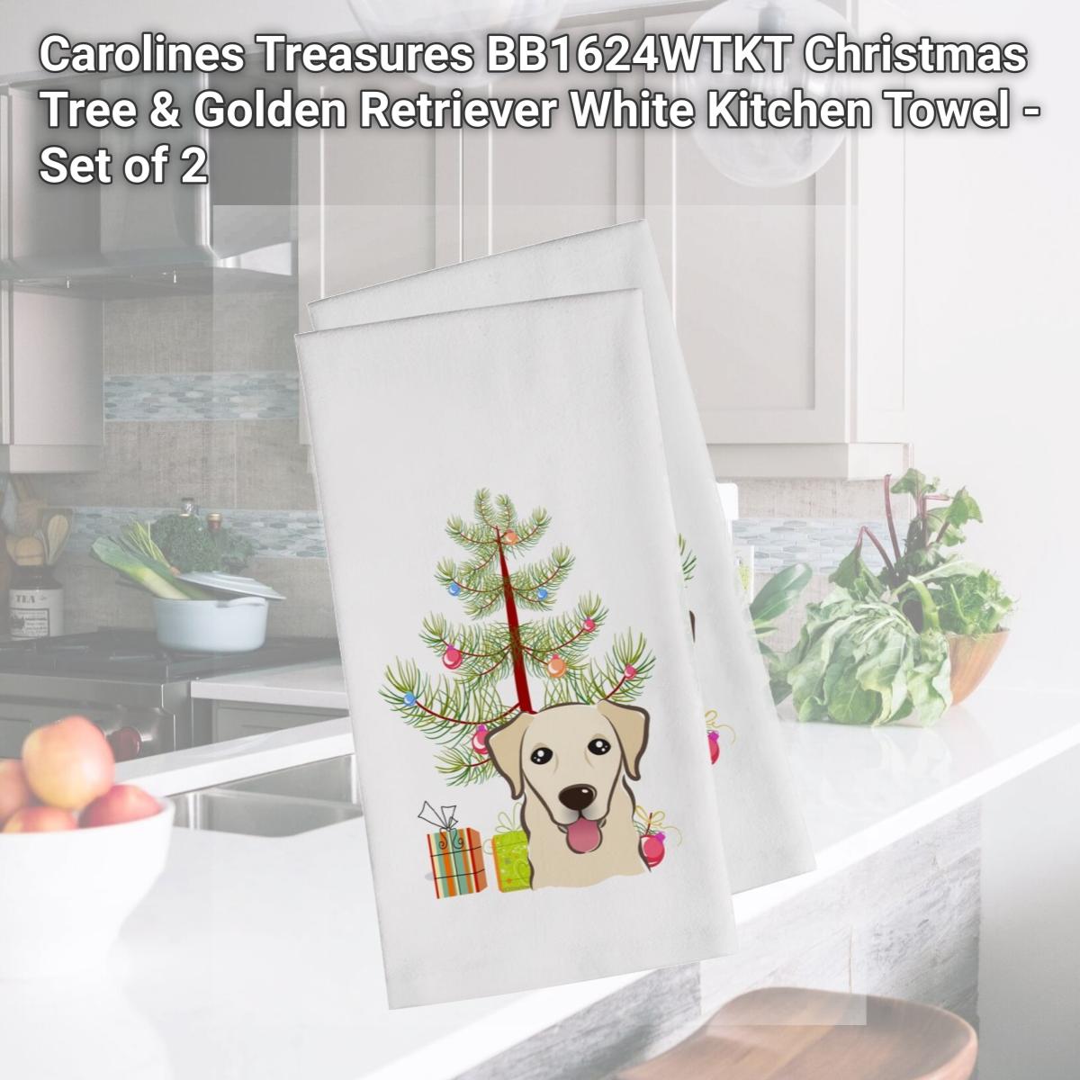 Picture of Carolines Treasures BB1624WTKT Christmas Tree & Golden Retriever White Kitchen Towel - Set of 2
