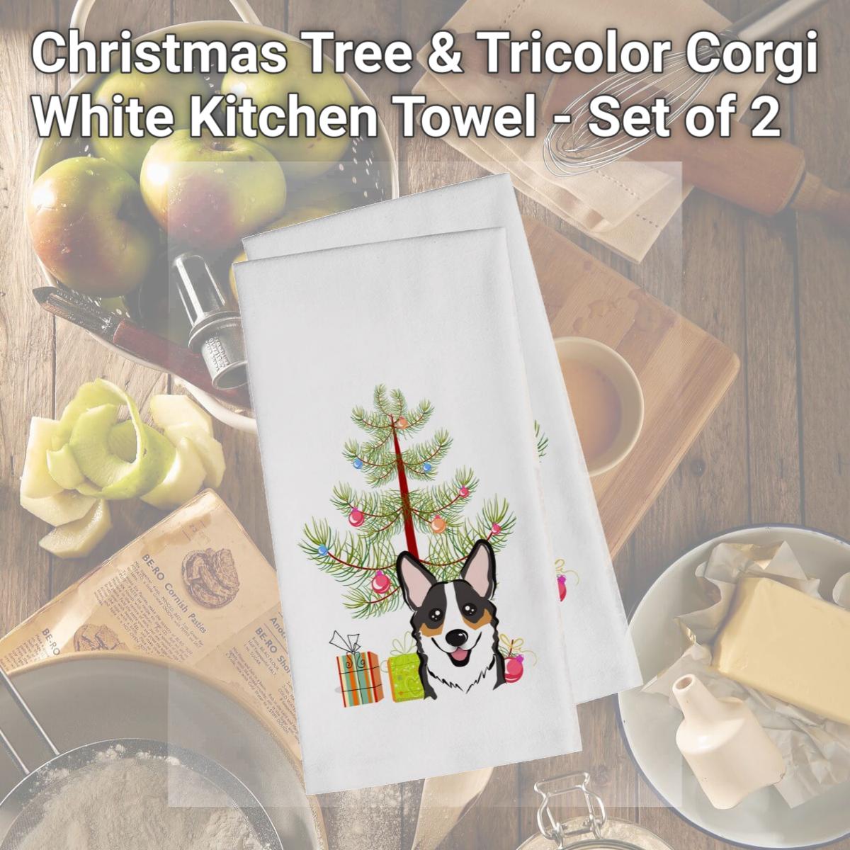 Picture of Carolines Treasures BB1627WTKT Christmas Tree & Tricolor Corgi White Kitchen Towel - Set of 2