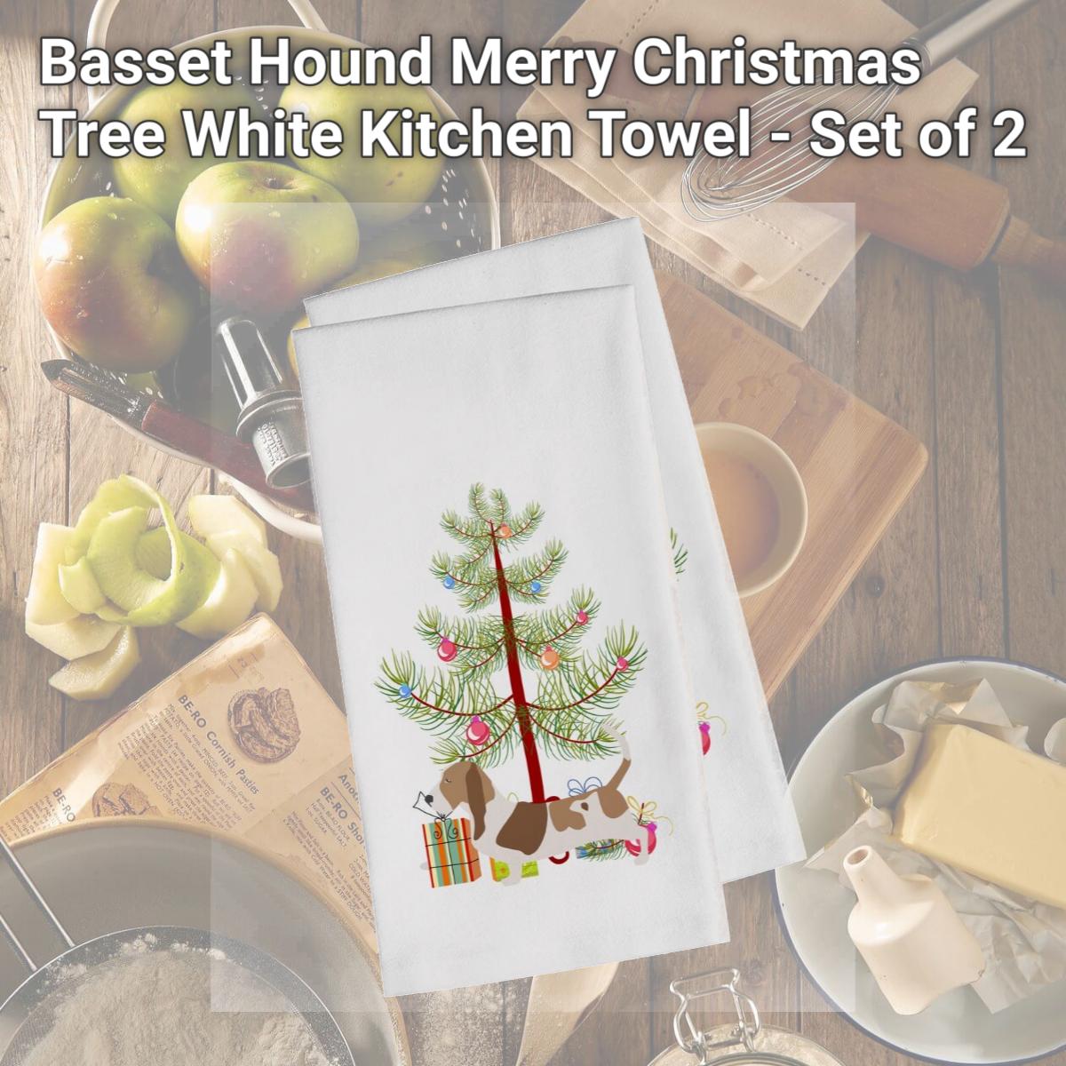 Picture of Carolines Treasures BB2920WTKT Basset Hound Merry Christmas Tree White Kitchen Towel - Set of 2