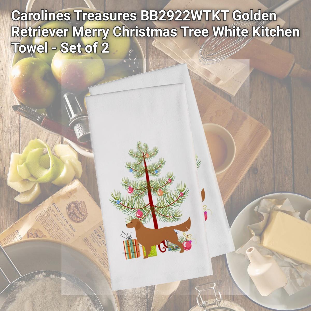 Picture of Carolines Treasures BB2922WTKT Golden Retriever Merry Christmas Tree White Kitchen Towel - Set of 2