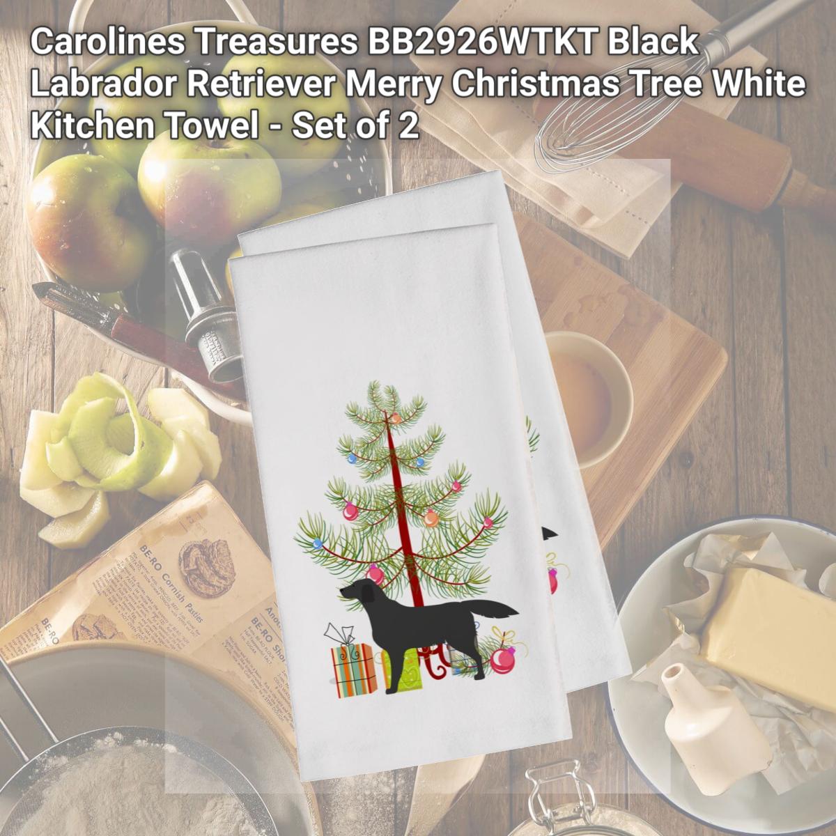 Picture of Carolines Treasures BB2926WTKT Black Labrador Retriever Merry Christmas Tree White Kitchen Towel - Set of 2