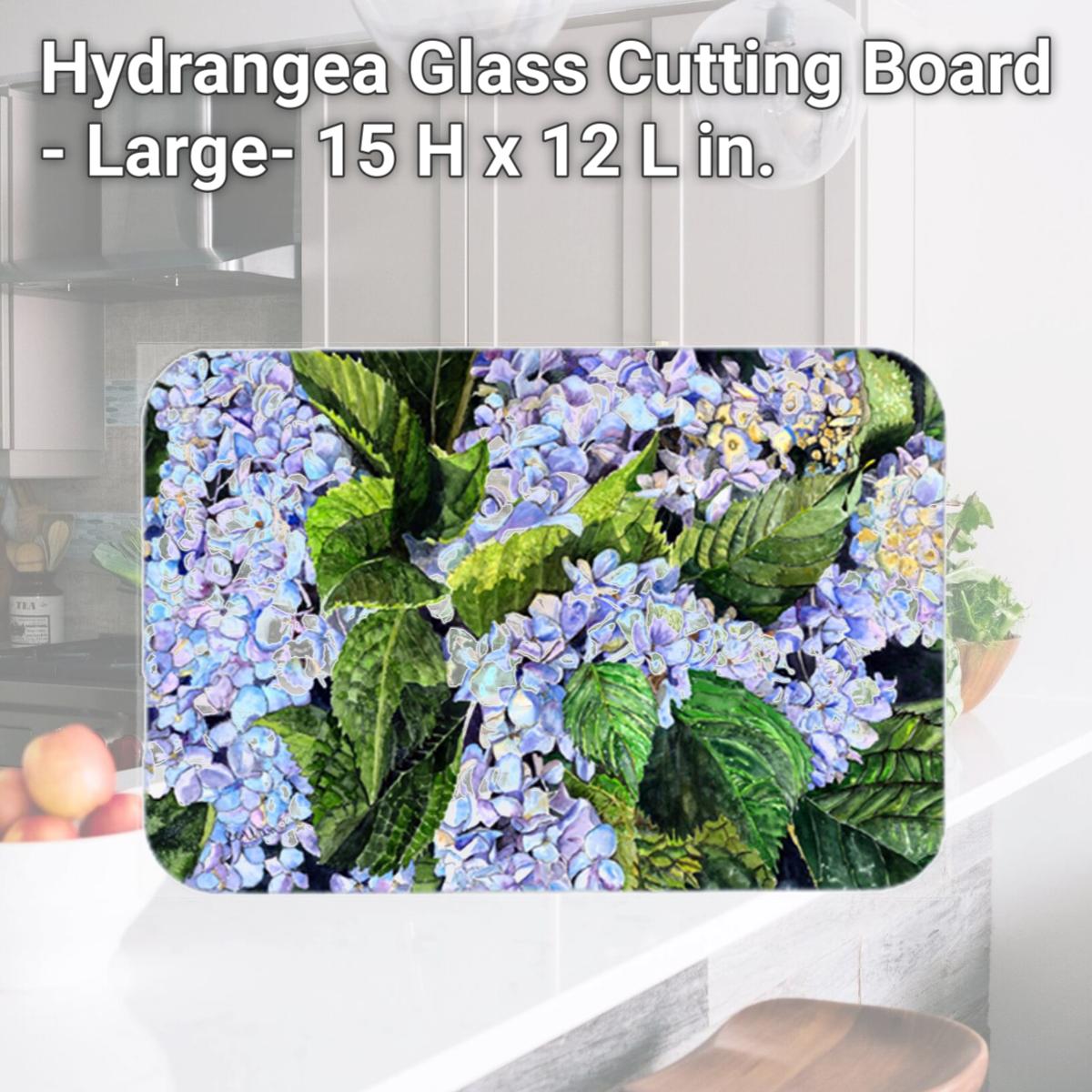 Picture of Carolines Treasures 8730LCB Hydrangea Glass Cutting Board - Large- 15 H x 12 L in.