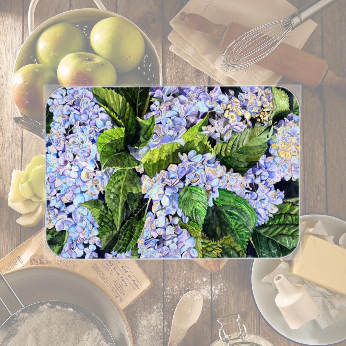 Picture of Carolines Treasures 8730LCB Hydrangea Glass Cutting Board - Large- 15 H x 12 L in.