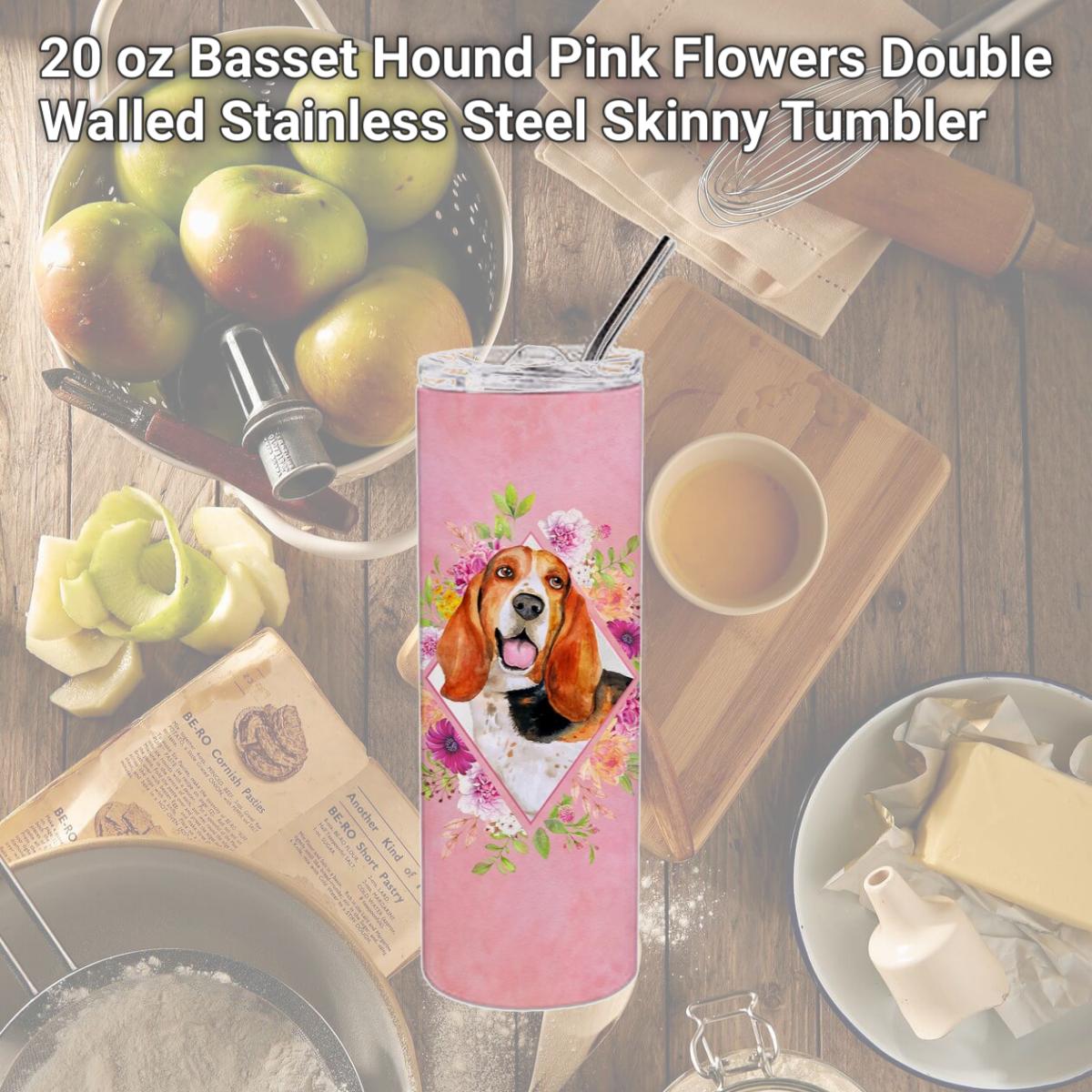 Picture of Carolines Treasures CK4116TBL20 20 oz Basset Hound Pink Flowers Double Walled Stainless Steel Skinny Tumbler