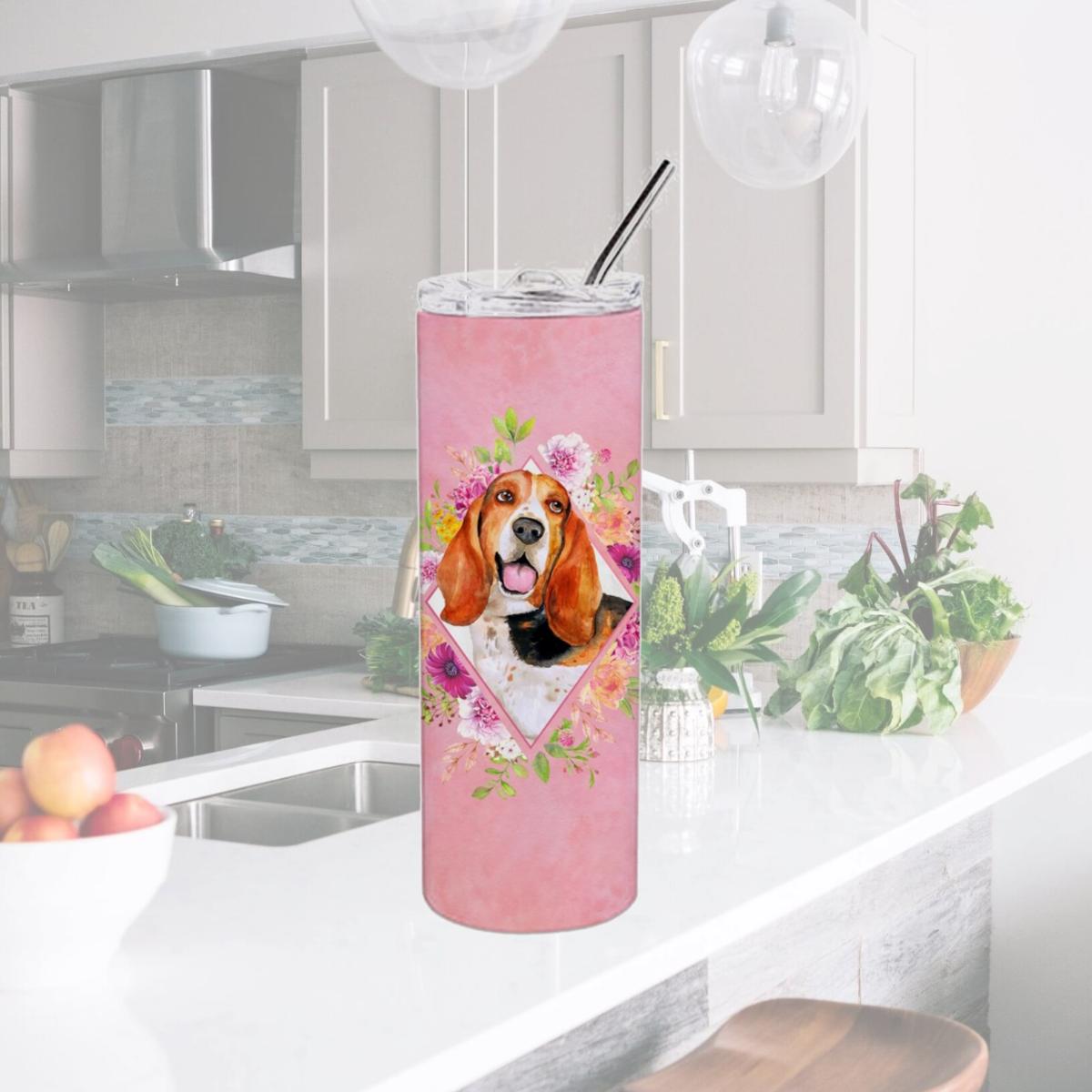 Picture of Carolines Treasures CK4116TBL20 20 oz Basset Hound Pink Flowers Double Walled Stainless Steel Skinny Tumbler