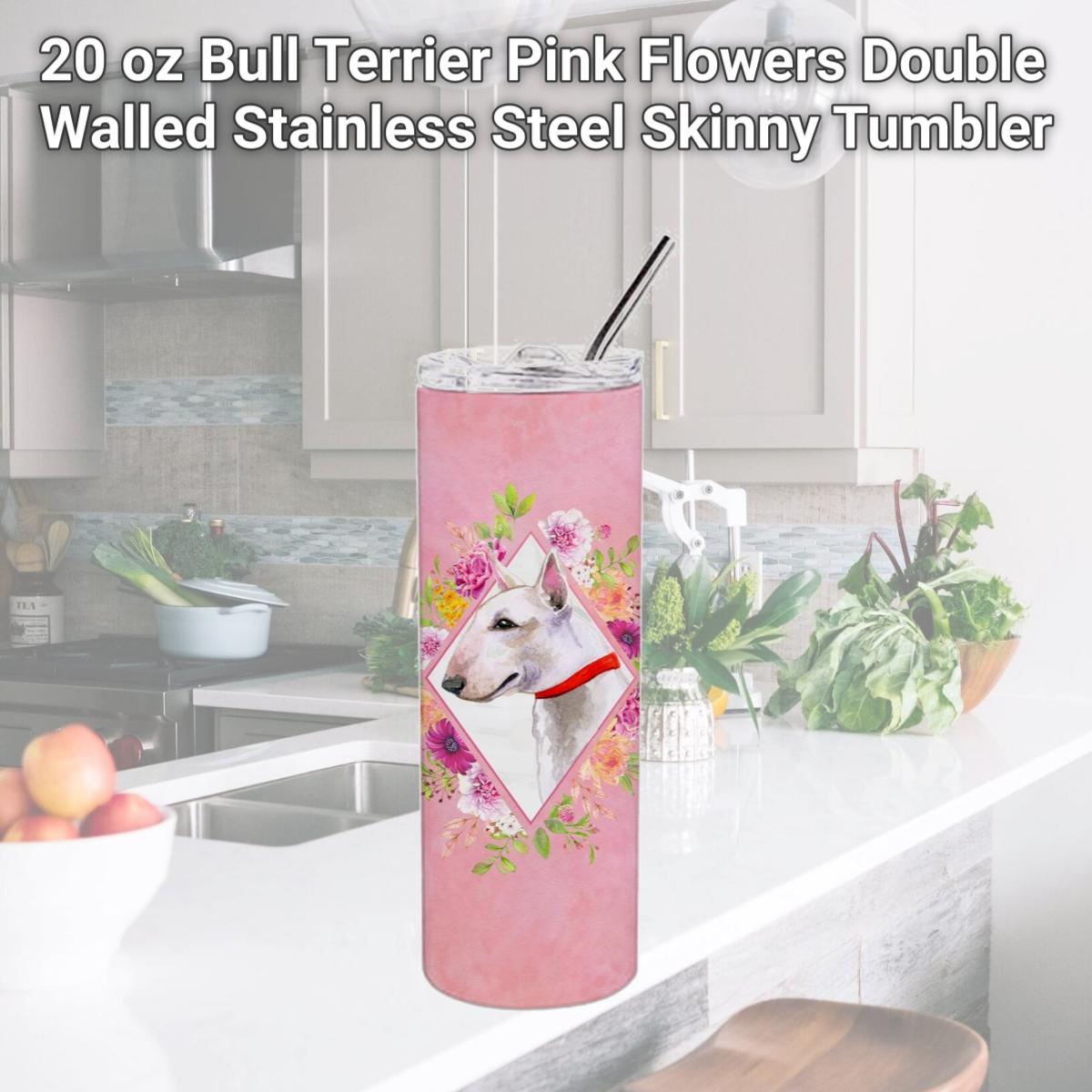 Picture of Carolines Treasures CK4124TBL20 20 oz Bull Terrier Pink Flowers Double Walled Stainless Steel Skinny Tumbler