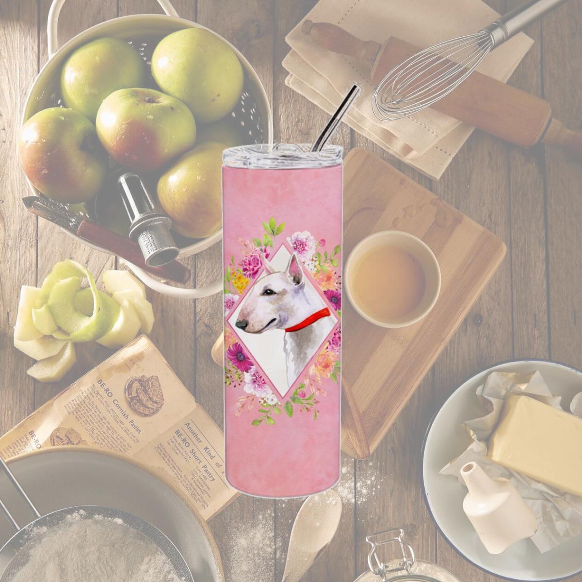 Picture of Carolines Treasures CK4124TBL20 20 oz Bull Terrier Pink Flowers Double Walled Stainless Steel Skinny Tumbler