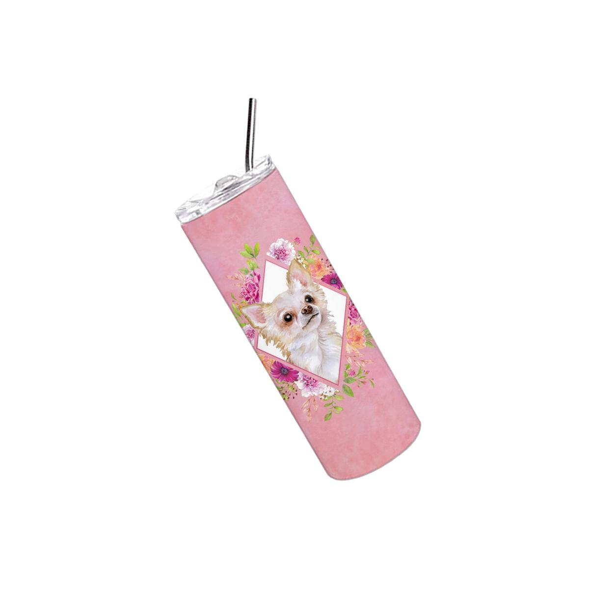 Picture of Carolines Treasures CK4127TBL20 20 oz Long Hair Chihuahua Pink Flowers Double Walled Stainless Steel Skinny Tumbler