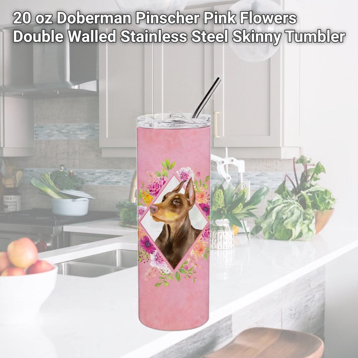 Picture of Carolines Treasures CK4138TBL20 20 oz Doberman Pinscher Pink Flowers Double Walled Stainless Steel Skinny Tumbler