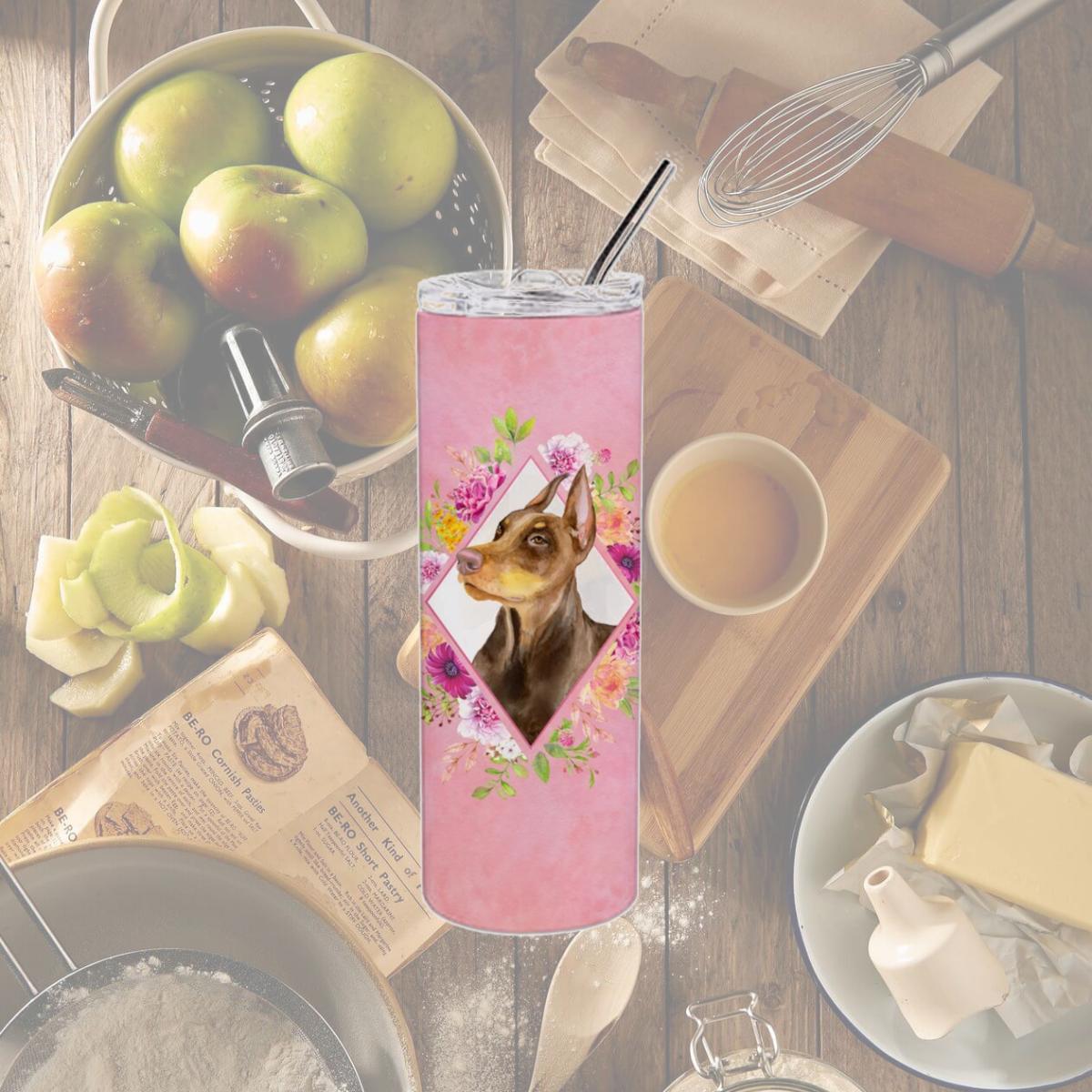 Picture of Carolines Treasures CK4138TBL20 20 oz Doberman Pinscher Pink Flowers Double Walled Stainless Steel Skinny Tumbler